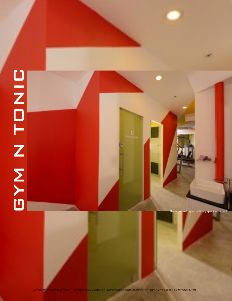 Geometric red and white interior demonstrating confident spatial composition