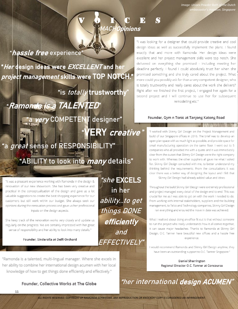Client testimonials and completed interior from the professional archive